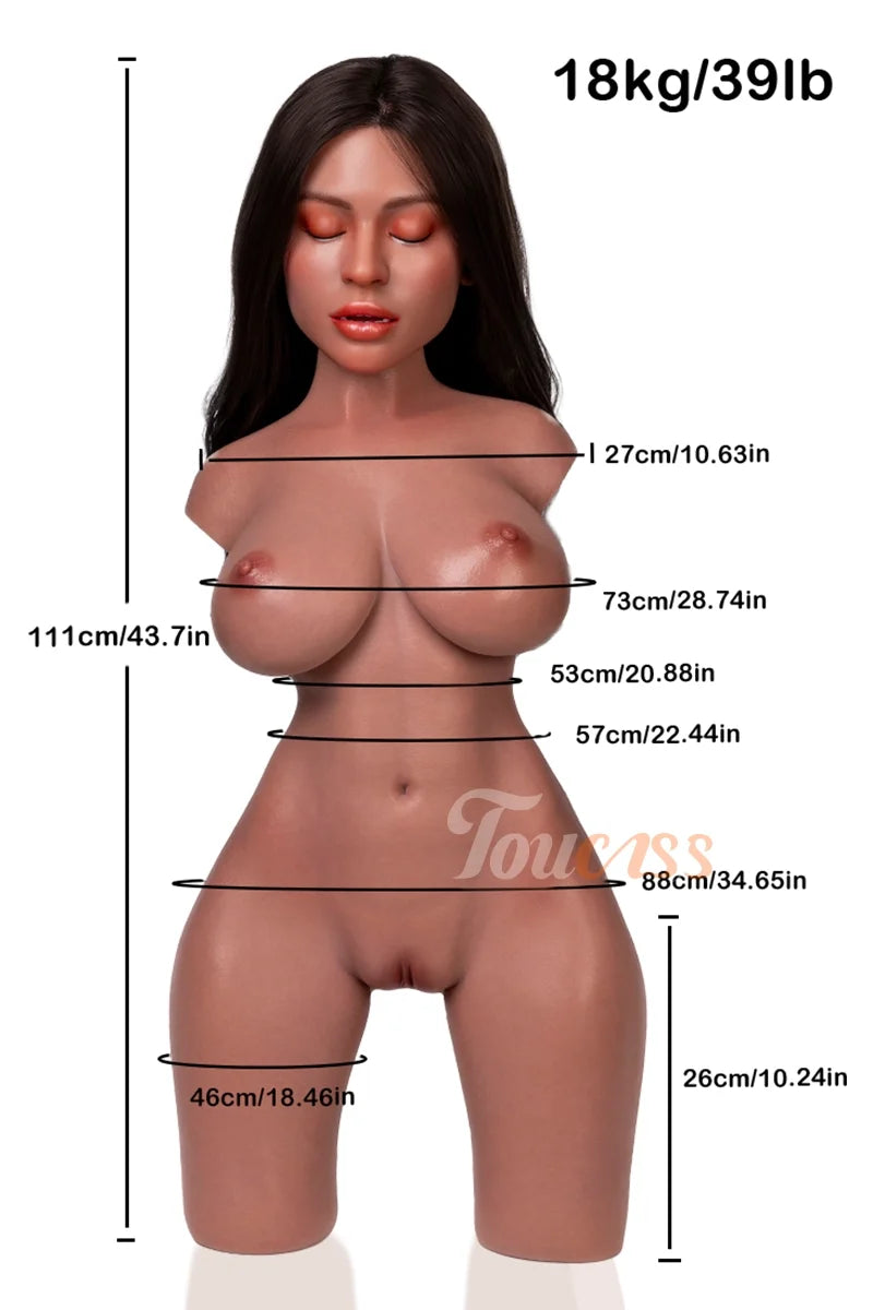 Adriana: Eyes-Closed Tan Silicone Sex Torso 18kg (39lb) ROS Head with Movable Jaw